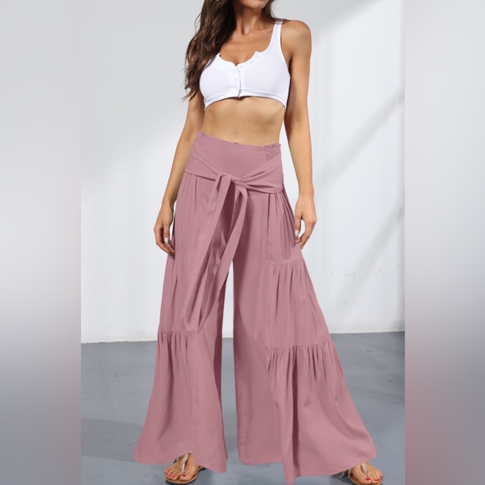 Tie Front Smocked Tiered Culottes - Picture 1 of 6